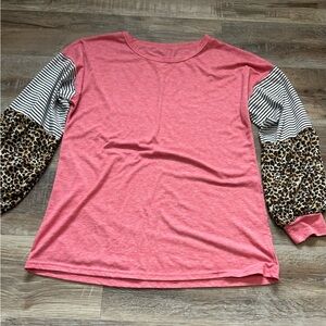 Trendy Pink Leopard Sleeve Long Sleeve Tee